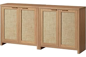 OAKHAM HOME Hampstead Storage Sideboard Cabinet with Rattan Doors and Adjustable Shelves, Buffet Kitchen Cabinet Cupboard Console for Living Room, Set of 2