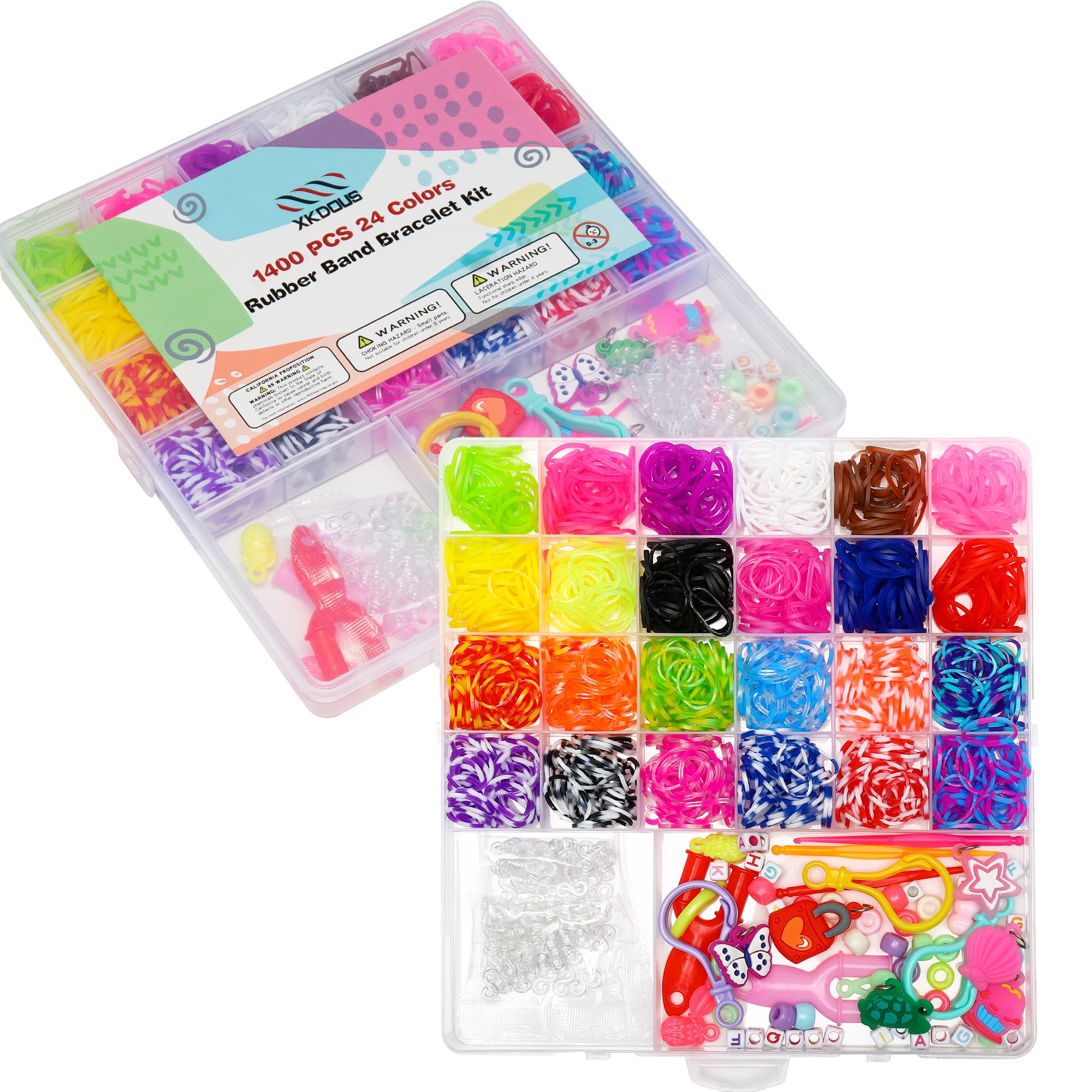 XKDOUS 24 Colors Rubber Band Bracelet Kit, Rubberband Bracelet Making Kit for Kids Ages 6+