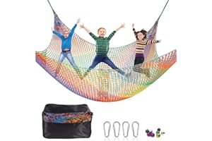 HOEE Kids Playground 9.8 x 9.8Ft Climbing Cargo Net - Kids Playground Safety Net,Polyester Double Layers Rope Bridge Net for Tree House and Outdoor Adventure（Rainbow）