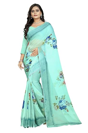 Womens Chiffon Printed Saree With Blouse