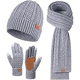 Winter Hat Scarf Gloves Set for Women Warm Thick Soft Long Knit Scarf Fleece Lined Beanie Touchscreen Glove Cold Weather Gift