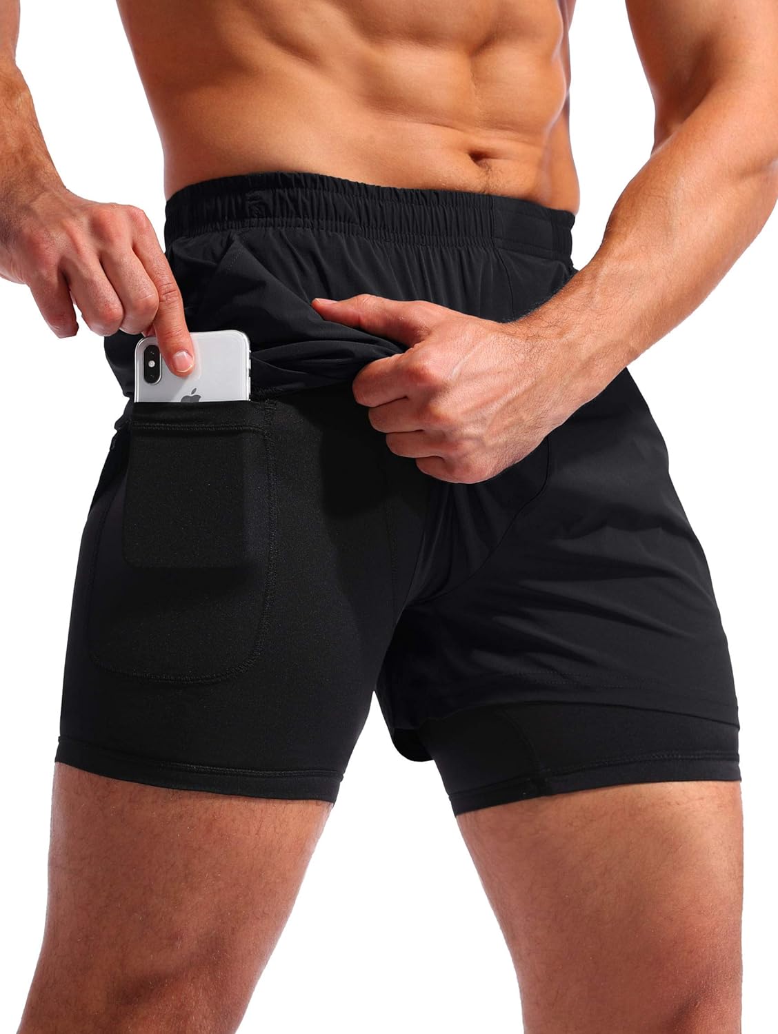 Pudolla Men’s 2 in 1 Running Shorts 5" Quick Dry Gym Athletic Workout Shorts for Men with Phone Pockets: Clothing
