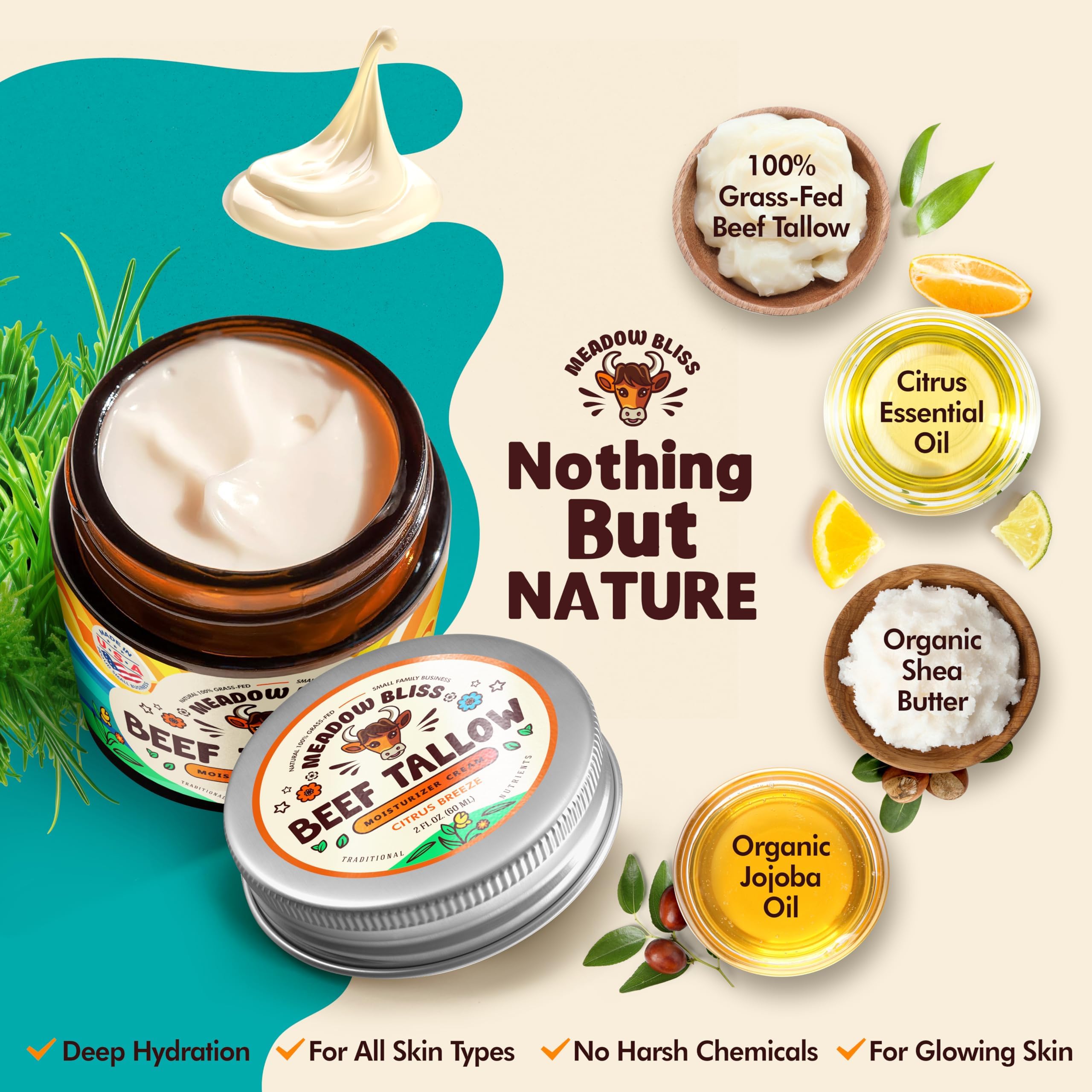Beef Tallow for Skin - Moisturizer Cream - 100% Grass Fed - Whipped Beef Tallow - Organic Jojoba Oil - Organic Shea Butter - Supports Eczema, Rosacea+ - Made in USA - Citrus Breeze - 2 oz
