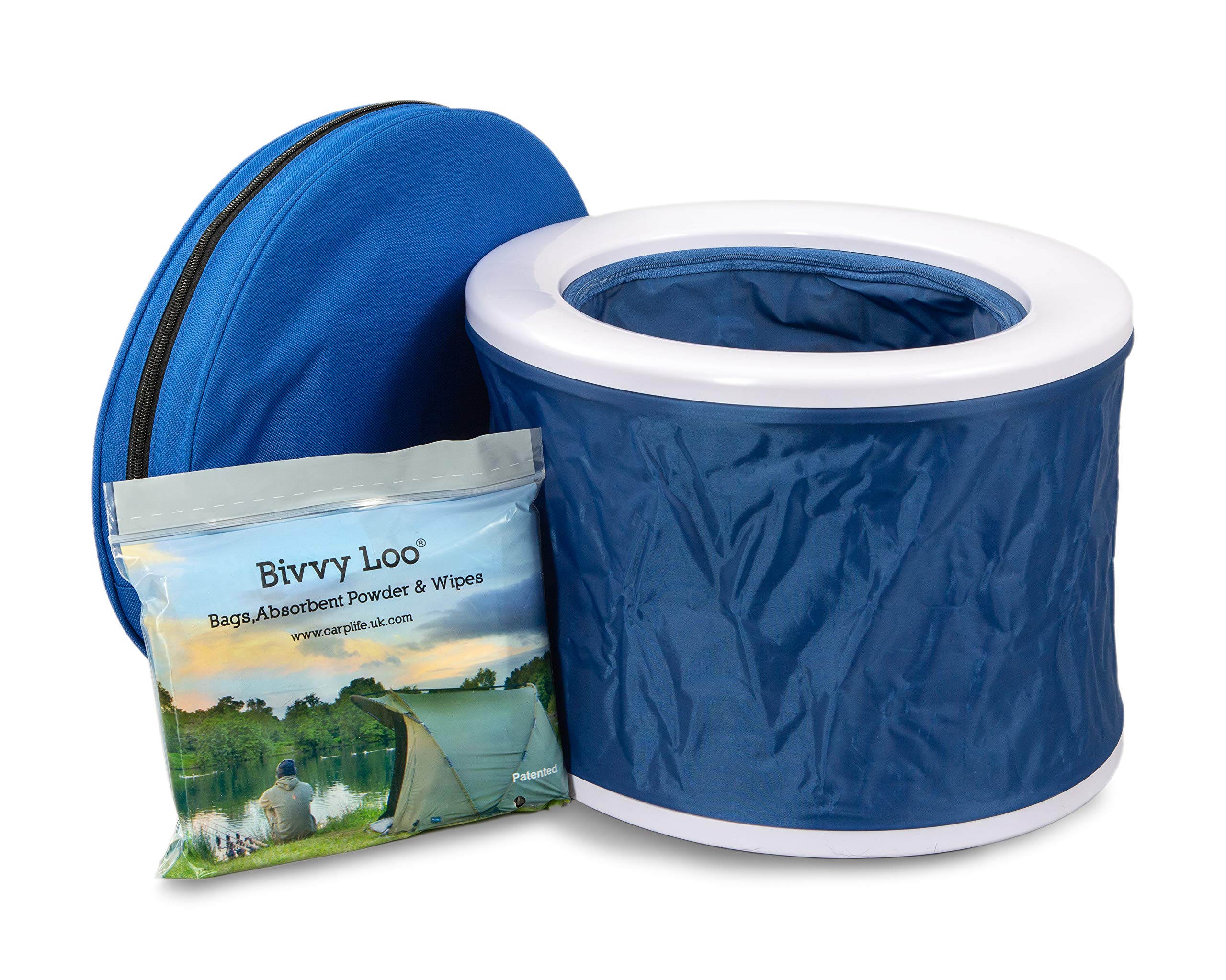 CarpLife Bivvy Loo Kit - Folding Portable Toilet with Liners, Waste Powder, Wipes - Collapsible Fishing Toilet, Festival Potty, Porta Potty Bucket, Portable Loo for Camping, Hiking & Road Trips - Blue