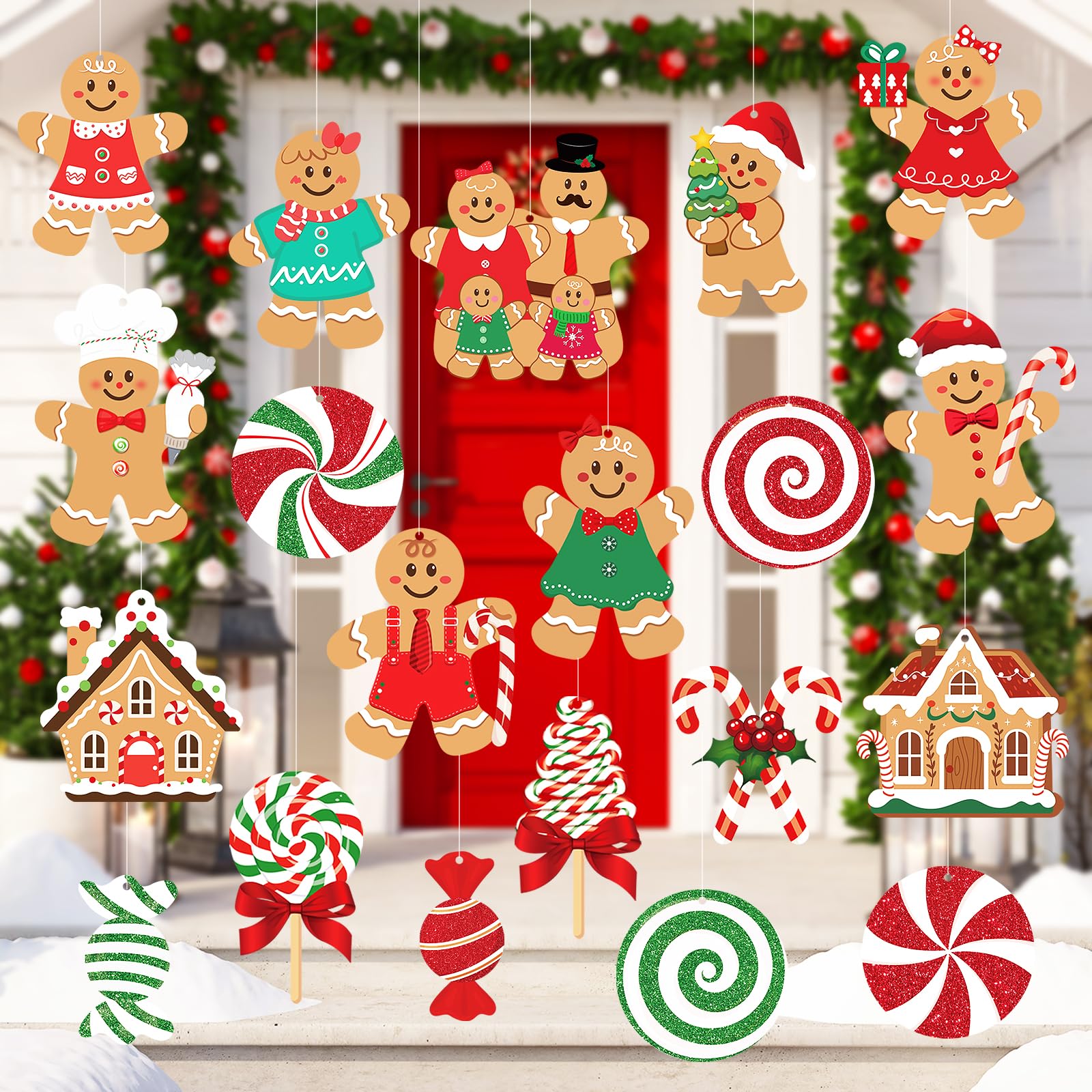 Photo 1 of 20 Pcs Gingerbread Christmas Decorations Outdoor Large Gingerbread Hanging Xmas Candy Ginger Bread House Decor Double Sided Printing Sign for Tree Yard Porch Office Home Holiday Outside Indoor Merry