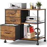 DEVAISE 3 Drawer Mobile File Cabinet, Fabric Lateral Filing Cabinet | Rolling Printer Stand with Open Storage Shelf, Fits A4 or Letter Size for Home Office, Rustic Brown Wood Grain Print