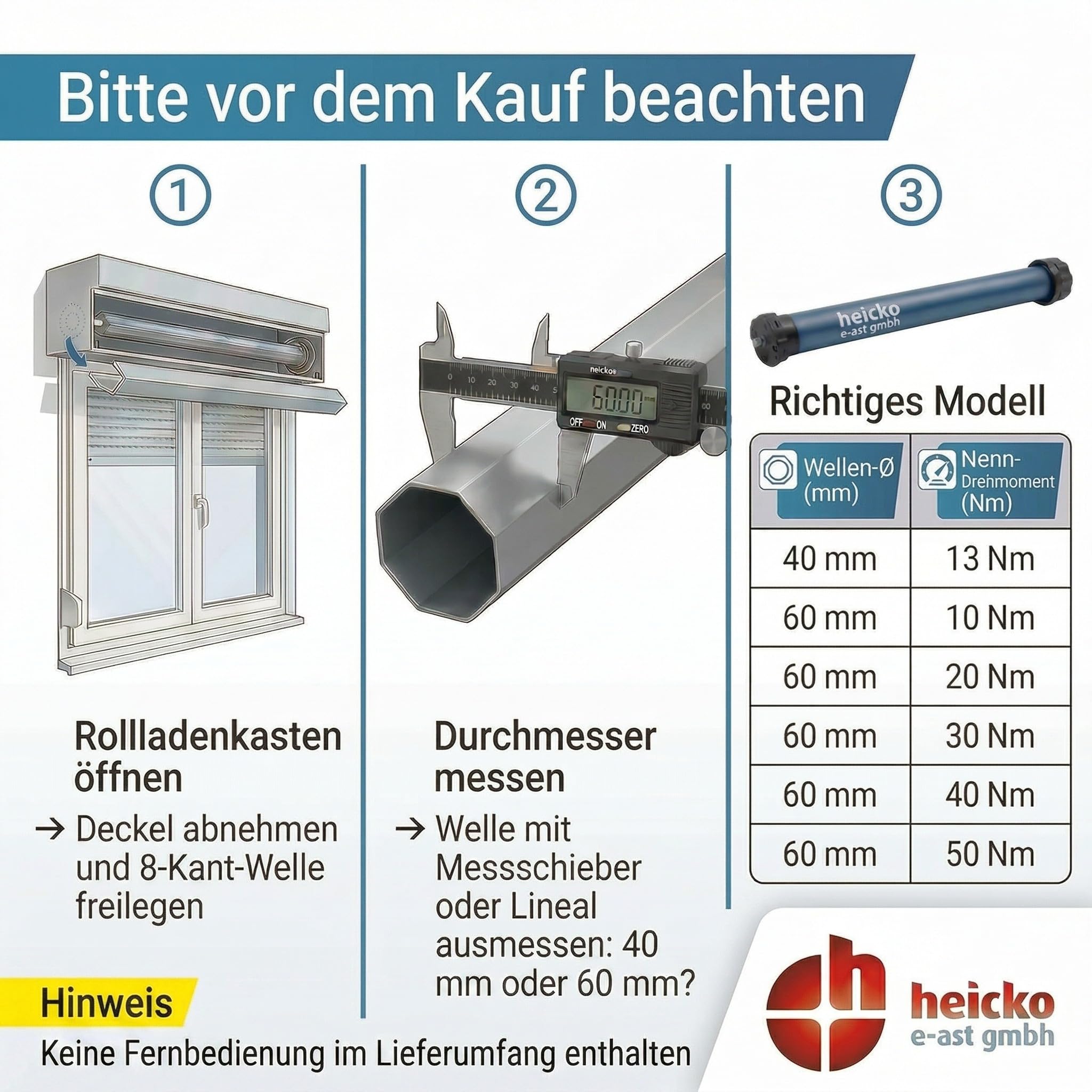 heicko Rollladenmotor | 10 Nm für SW60 Achtkantwelle | 23kg Zugkraft | Ohne Funk | Mechanische Endschalter | Leiser Rohrmotor | Wartungsfrei | IP44 Schutz für Innen und Außen 3