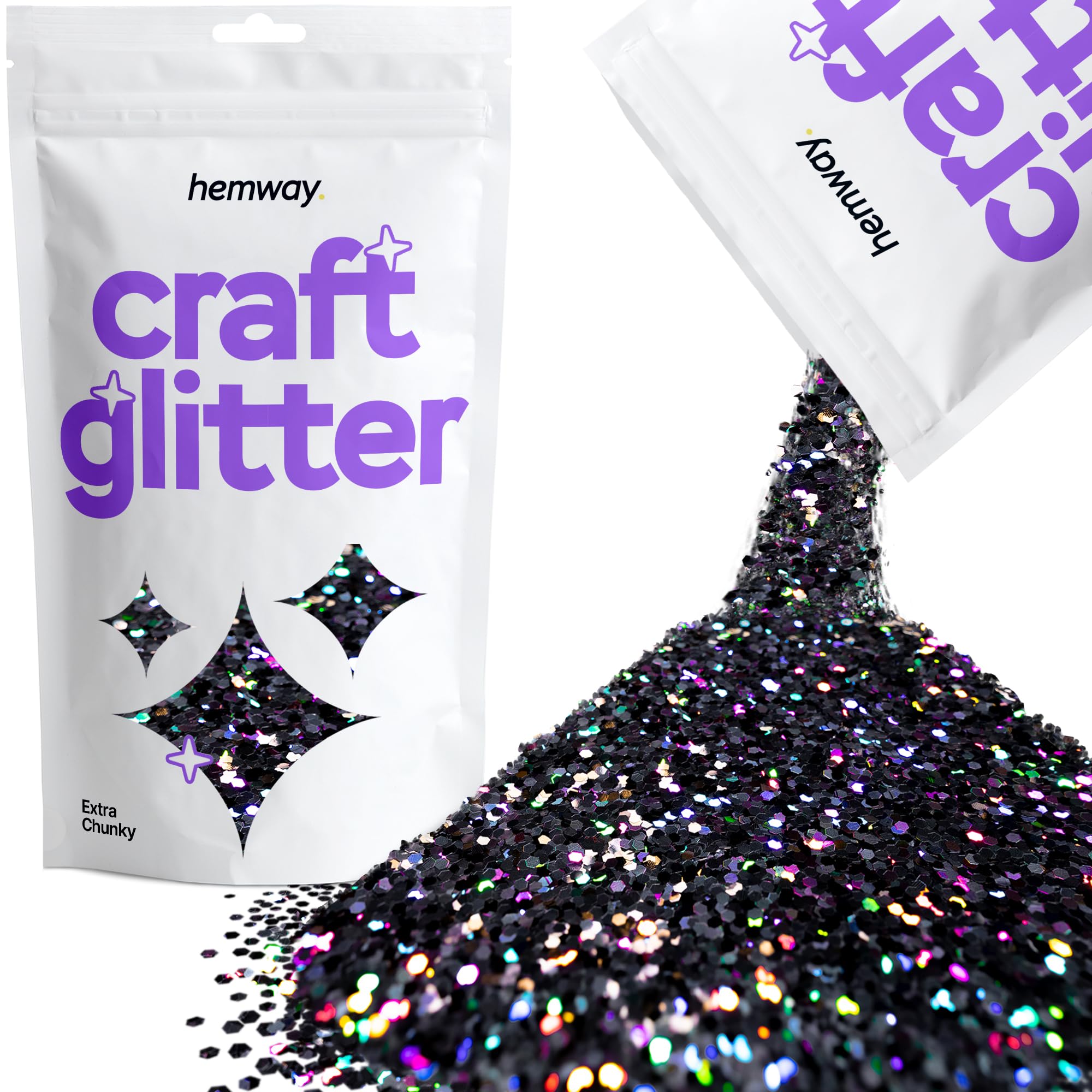 Hemway Craft Glitter Black Holographic 100g Extra Chunky Glitter for Crafts, Resin, Cosmetic, Nail, Face, Body, Festival, Tumblers, Art, Candle, Crafting