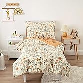 Wake In Cloud - Floral Toddler Bedding Set for Girls, Cute Colorful Botanical Flowers, 4 Pieces Soft Crib Bed Set Including Comforter, Sheets and Pillowcase, Orange Cream