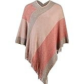 Women's Elegant Knitted Shawl Poncho with Fringed V-Neck Striped Sweater Pullover Cape Gifts for Women Mom