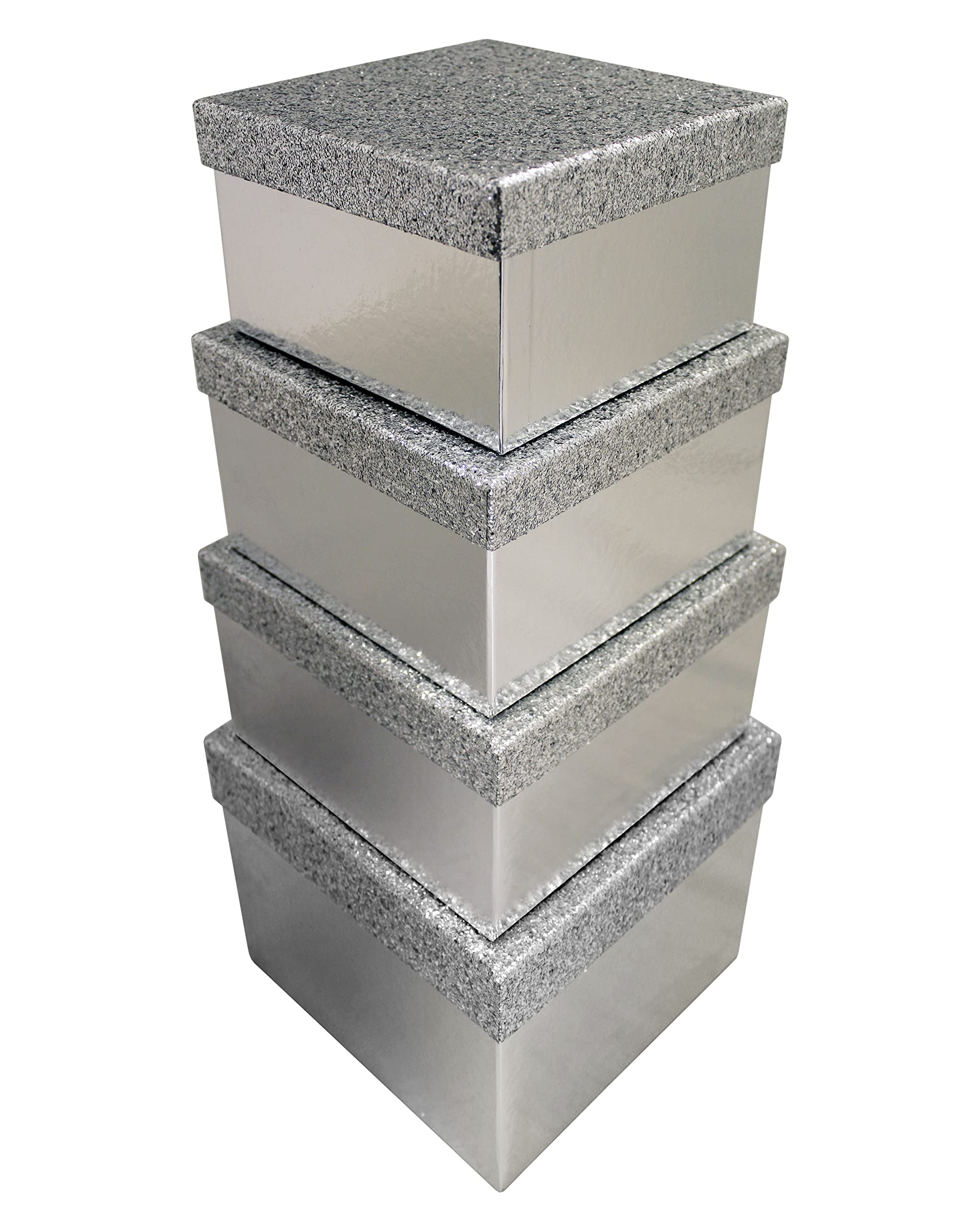 Clairefontaine X-31049-BXC - Set Of 4 Square Stackable Silver Glitter Boxes: 16x16x9,6cm + 18x18x10,8cm + 20x20x12cm + 22x22x13,2cm - Colour: Silver - Gift Box