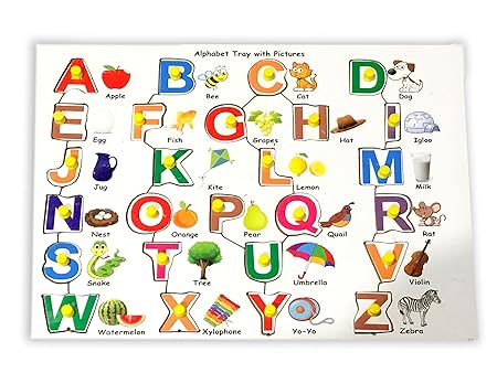 Mojopanda Wooden Upper Alphabet Tray with Picture with Knobs, Peg Puzzle Multi Color Capital Letters