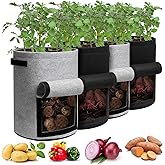 Homyhoo Potato Grow Bags with Flap 10 Gallon, 4 Pack Planter Pot with Handles and Harvest Window for Potato Tomato and Vegetables, Black and Gray