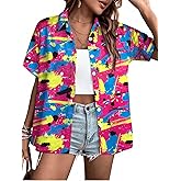 80s Outfits Women 80s 90s Neon Shirt Retro Theme Party Disco Shirt Hawaiian Button Down Short Sleeve Tops