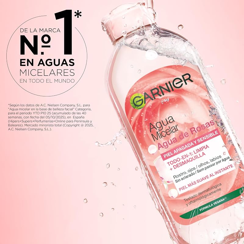 Garnier skin active micellar water com rose water para peles baças e sensíveis, remove a maquilhagem, limpa e ilumina num único gesto, adequado para rosto, lábios e olhos, incolor, 400 ml