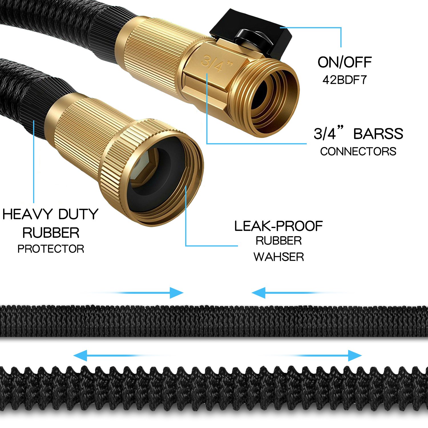 XBUTY New Version Garden Hose,50FT Expandable Water Hose 9 Patern Spray Nozzle,High Pressure Extra Strength Fabric Double Latex Core 3/4 Solid Brass Fittings with Carrying Bag