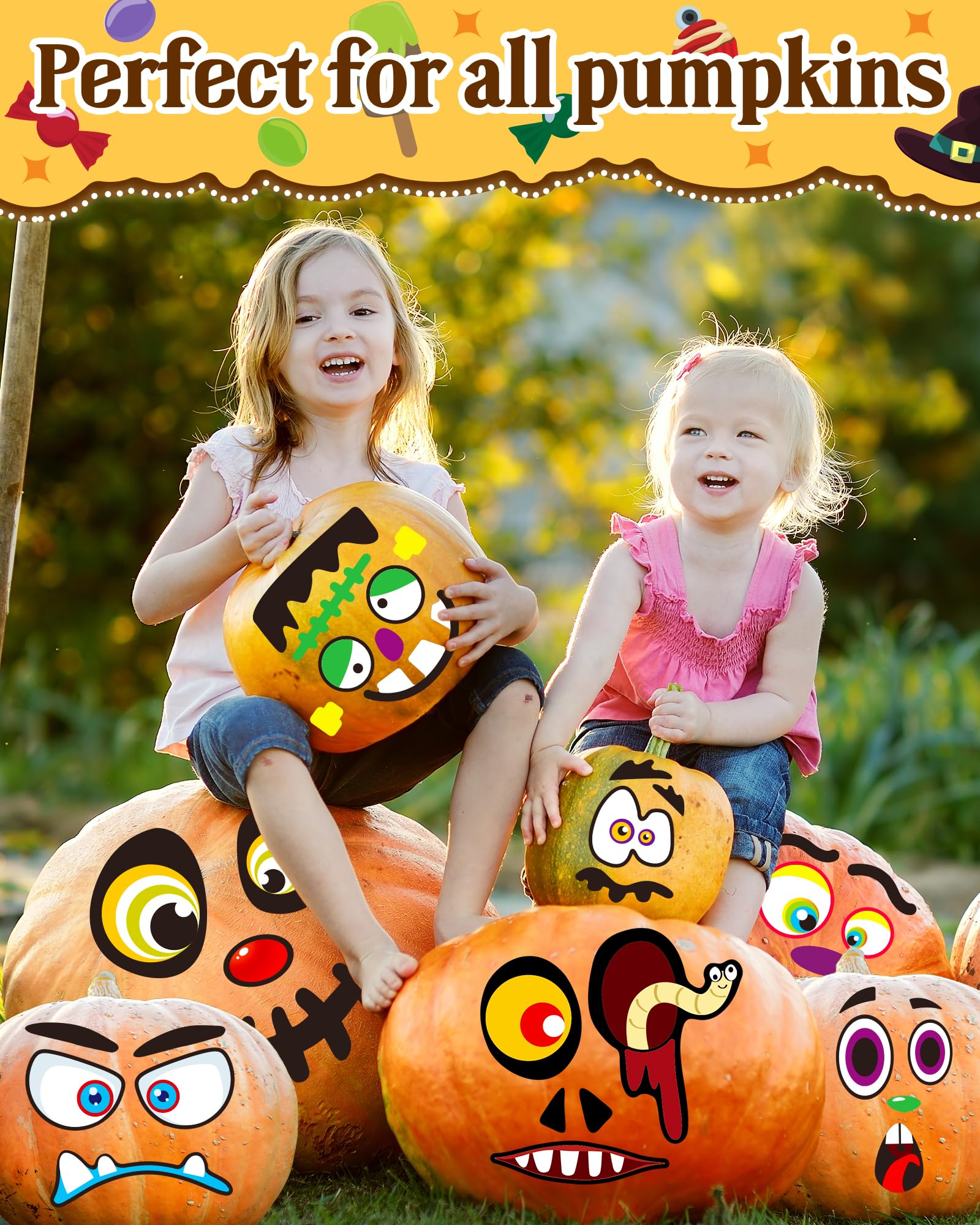 Greingways Halloween Pumpkin Stickers, Make 88 Funny Face Pumpkin Decorating Kit for Party Decorations, Pumpkins Painting Kit Halloween Crafts Gifts Games for Kids