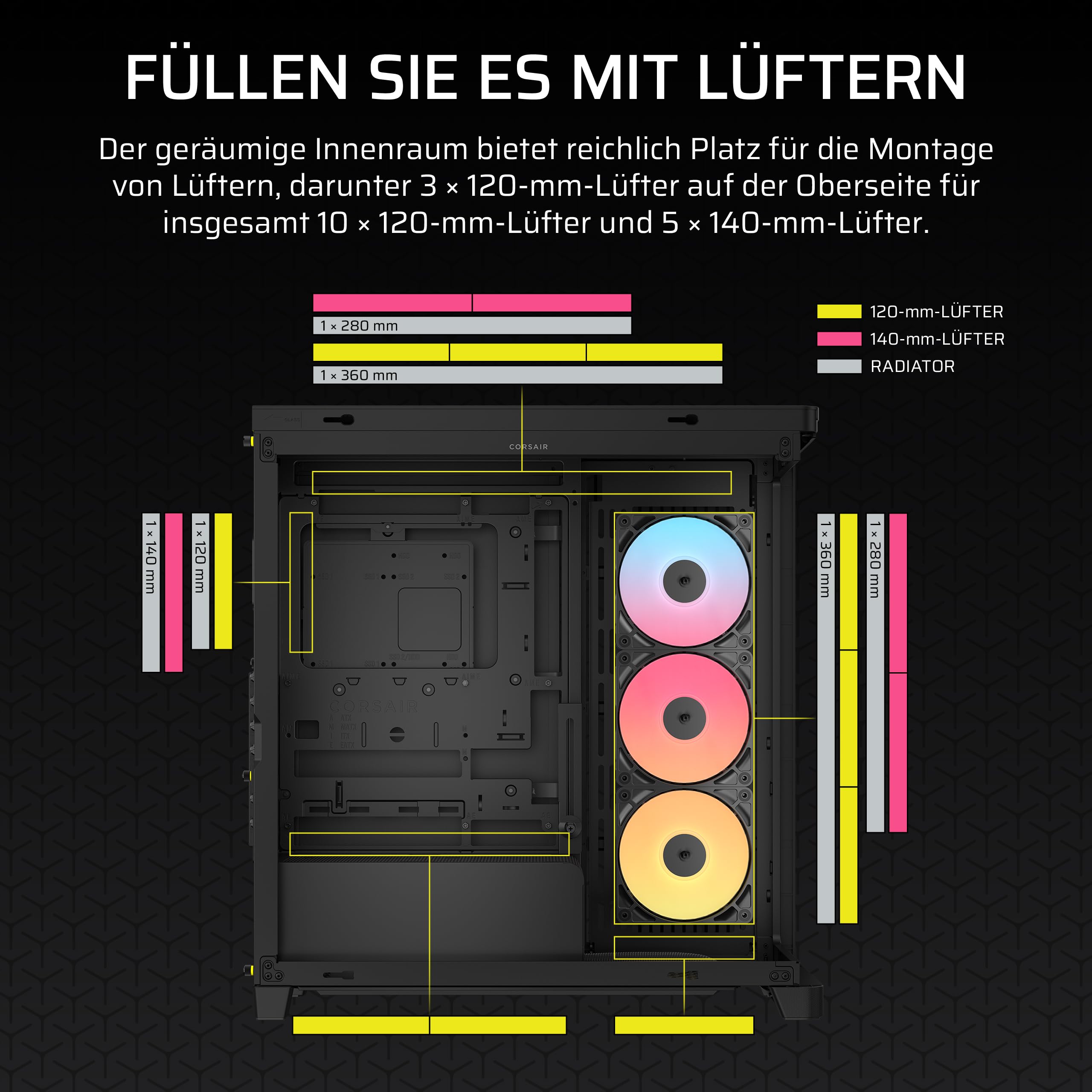 CORSAIR Frame 4500X RS-R ARGB Panoramaglas Mid-Tower-PC-Gehäuse – InfiniRail Lüftermontagesystem, Passend für Zwei 360 mm Radiatoren, GPU Anti-Sag, Enthält 3X RS120R RGB LINK Lüfter – Schwarz 7