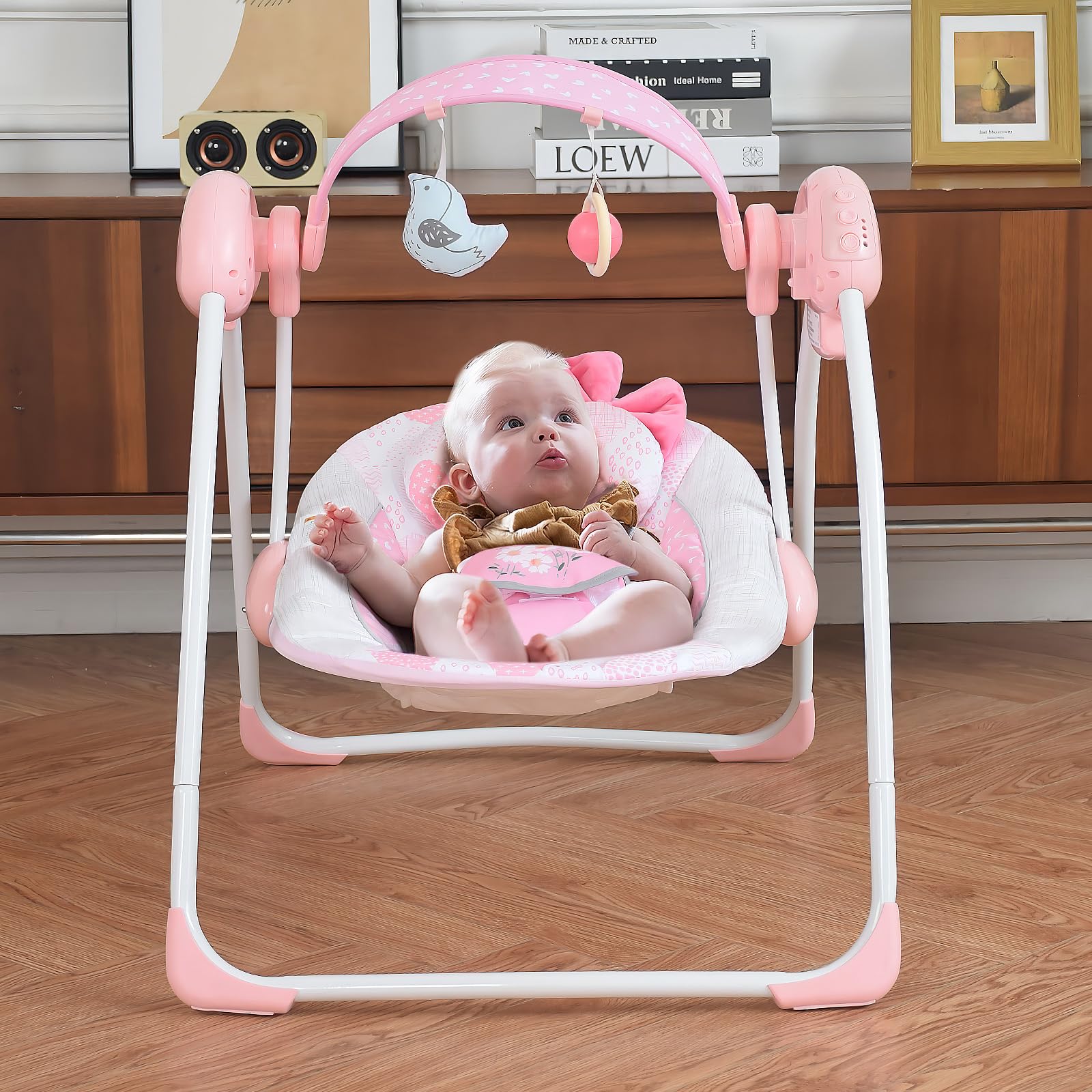 Baby Swing,Portable Baby Swing for Infants,Electric Baby Swings for Newborn, 5-Speed Infant Swing with Music,Timing,Soft Head Support,Pink Baby Girl Swing for Babies 0-6 Months 6-20 lbs