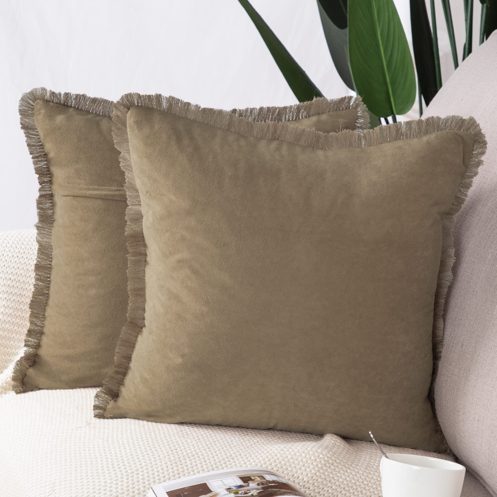 Madizz Set of 2 Suede Cushion Covers with Fringe Tassels 20x20 inch, 50x50 cm, Brown Soft Decorative Throw Pillow Cases for Sofa Bedroom Pillow Shell