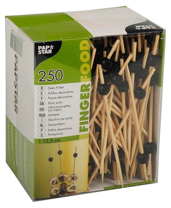 Papstar Fingerfood-Spieße / Holzspieße 'Black Pearl' (250 Stück) 12.5 cm, Naturholzspieße aus Bambus mit schwarzer Perle, für