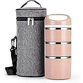 Lille Home Stackable Stainless Steel Lunch Containers, 43OZ Capacity 3 Layers Leakproof Bento Box for Adult, Portable Lunch Box for Women, Man, Travel, Office with Lunch Bag (Gold.Pro)