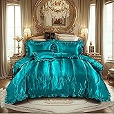 Silky Comforter Set with Sheet Set Queen 8 Pcs Peacock Green Bed in a Bag Green Bedding Set Silk Like Satin Ruffle Home Deocr Sexy Hotel Silky Bed Set with 1 Cushion Cover