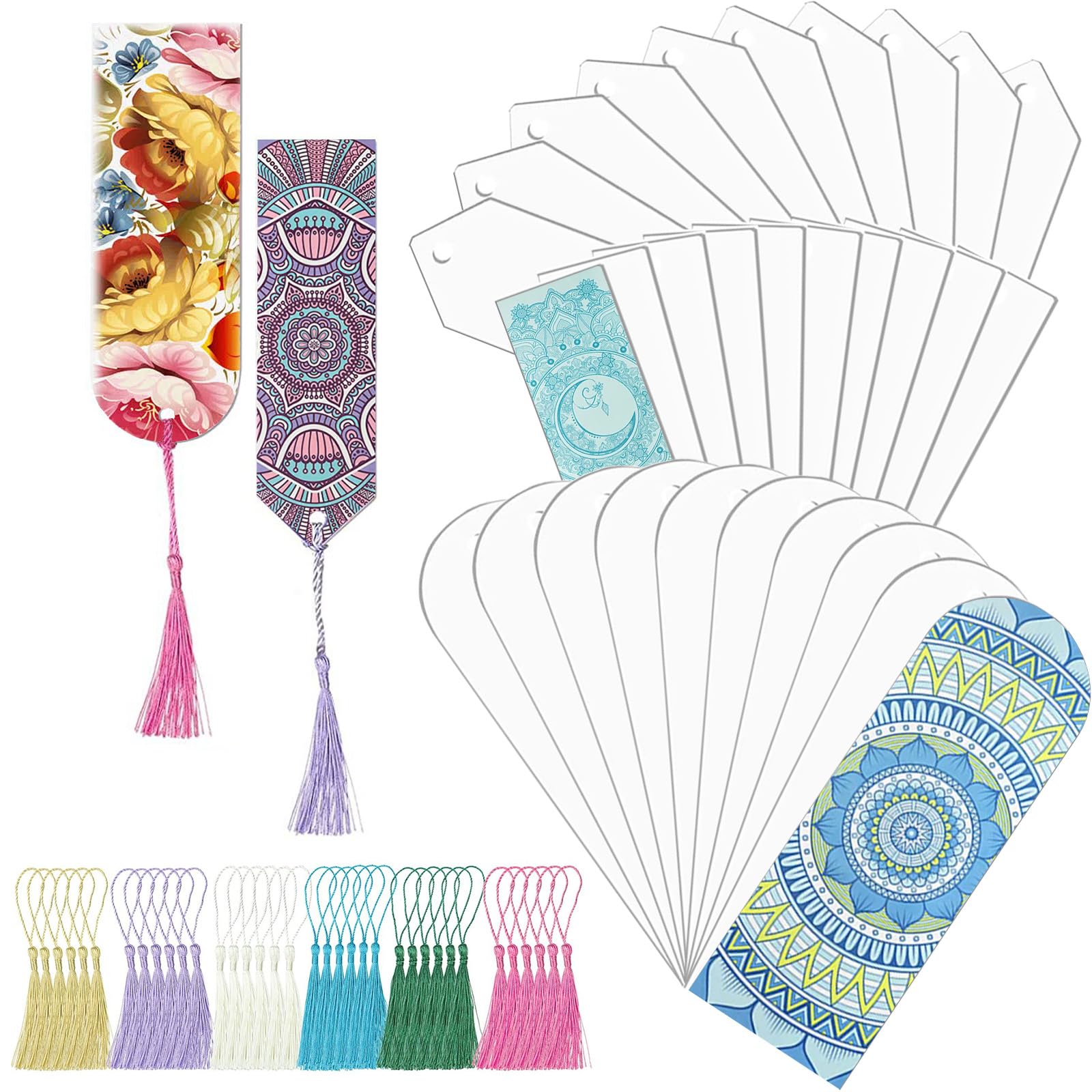 Photo 1 of 146 PCS Acrylic Bookmark Blanks Bulk Clear Acrylic Craft Bookmarks with 72PCS Colorful Tassels and 2 Rolls of Twine Strings for DIY Bookmarks Crafts Hanging Tag Graduation Gifts, 3 Shape