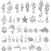 Julie Wang 90PCS Antique Silver Alloy Ocean Pendants Mermaid Tail Seahorses Shell Starfish Mixed Charms for Necklace, Bracelet Summer Beach Jewelry DIY, Nautical Themed Craft Supplies