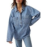 Tankaneo Womens Long Sleeve Denim Tops Casual V Neck Button Down Loose Fit Pullover Jean Shirts