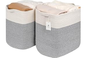 Laughbird Large Cotton Tall Rectangle Small Laundry hamper Dog Toy Storage Baskets Woven Basket Bins Foldable Medium With Handle Toys and Fabric Storing Storage Silver Gray 2 Pack