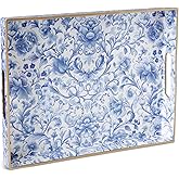 ORIGTRAY Serving Tray with Handles, Rectangular Plastic Tray 15.75x11.81 Inch, Blue and White Peony Chinese Porcelain Style Decorative Tray for Kitchen, Dining Table, Vanity, Office & Home