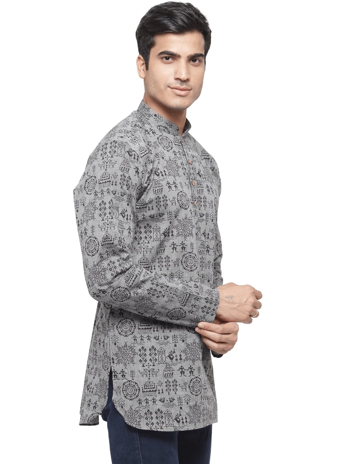 rg designers mens grey self design full sleeve kurta_d6578graywarli