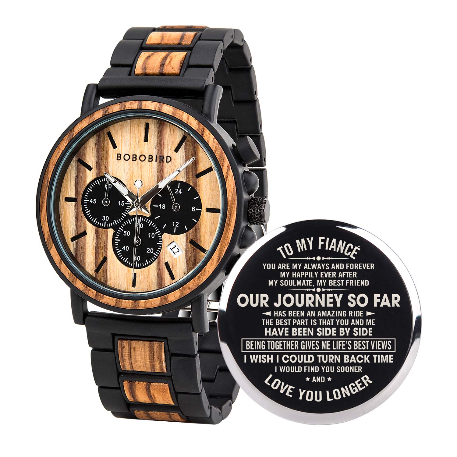 BOBO BIRD Mens Personalized Engraved Wooden Watches, Stylish Wood & Stainless Steel Combined Quartz Casual Wristwatches for Men Family Friends Customized Watch, A-For fiance, stylish