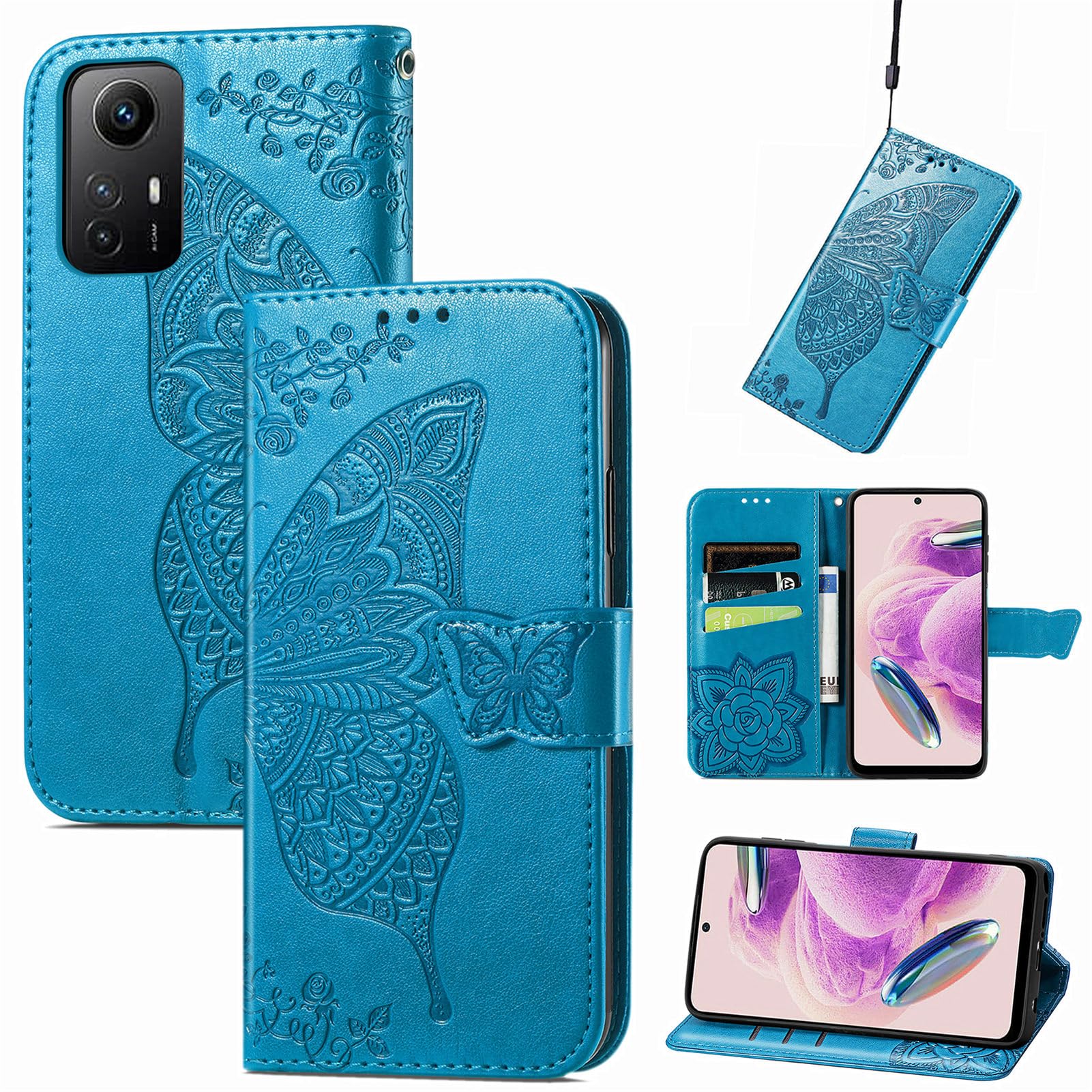 JIUNINE Case for Xiaomi Redmi Note 12S, Leather Wallet Case Flip Cover with Butterfly Embossed Pattern [Card Holder] [Magnetic Closure] [TPU Inner Shell] for Xiaomi Redmi Note 12S, Blue