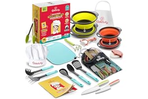Baketivity Kids Cooking Set Real Utensils With Kitchen Tool Guide - Complete Junior Cooking Set Gift For Girls Or Boys With Mixing Bowls, Cutting Board, Knife, Apron - Kids Baking Set For Real Cooking