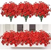 MACTING 12 Bundles Artificial Flowers for Outdoors Fake Flowers UV Resistant Faux Plastic Plants No Fade for Planters Window Patio Porch Garden Home Outside Spring Summer Decorations,Red