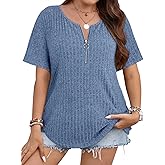 Cucuchy Style Women's Plus Size Tops Casual Zip Up V Neck Shirts Short Sleeve Button Blouses