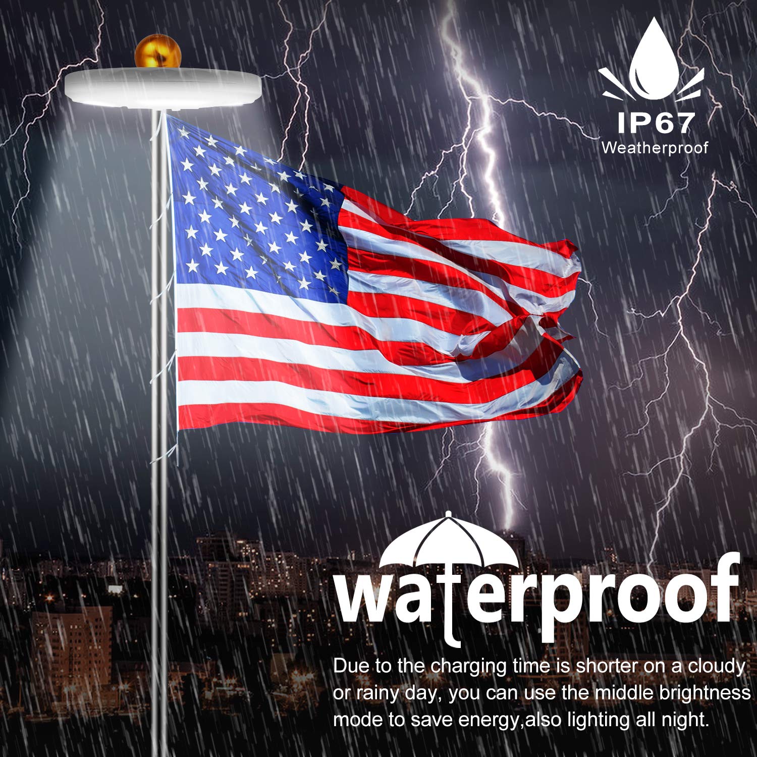 Solar Flag Pole Light 128 LED Light, Super Bright Led Solar Powered Lights on Most 15 to 25Ft Flagpole 100% Flag Coverage, 2 Modes 2500MAH Downlight up flag, IP67 Waterproof Auto On/Off Night Lighting