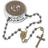 Nazareth Store St Michael Rosary Hematite Stone Beads Necklace Metal Beaded Glory Beads Archangel Medal & Cross with Metal Gift Box