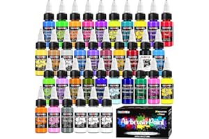 FansArriche Airbrush Paint Set, 34 Colors Acrylic Air Brush Paint Kit with 2 Thinner, Ready to Spray Water-Based Opaque & Neon Colors for Beginners, Artists, DIY Projects, 20 ml/Bottle