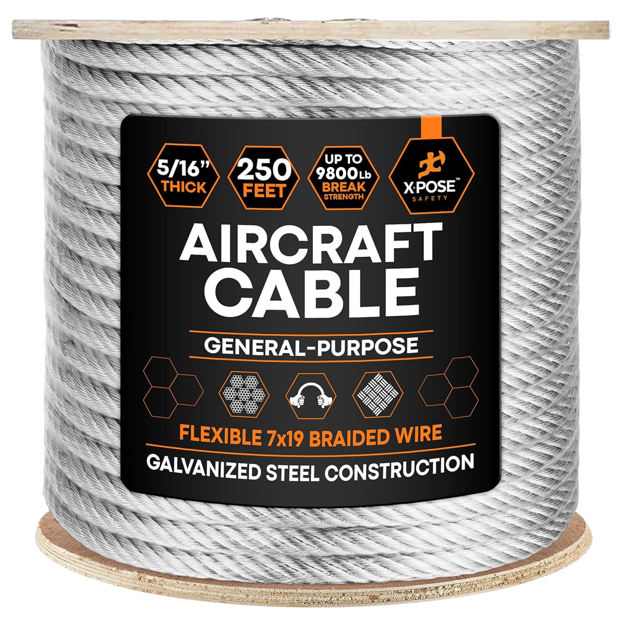 Photo 1 of Xpose Safety 5/16" Galvanized Steel Aircraft Cable Wire – 250 ft Reel, 7x19 Strand, 9,800 lb Break Strength – for Pulley System, Winch, Marine, Deck Railing, Fencing, Zipline