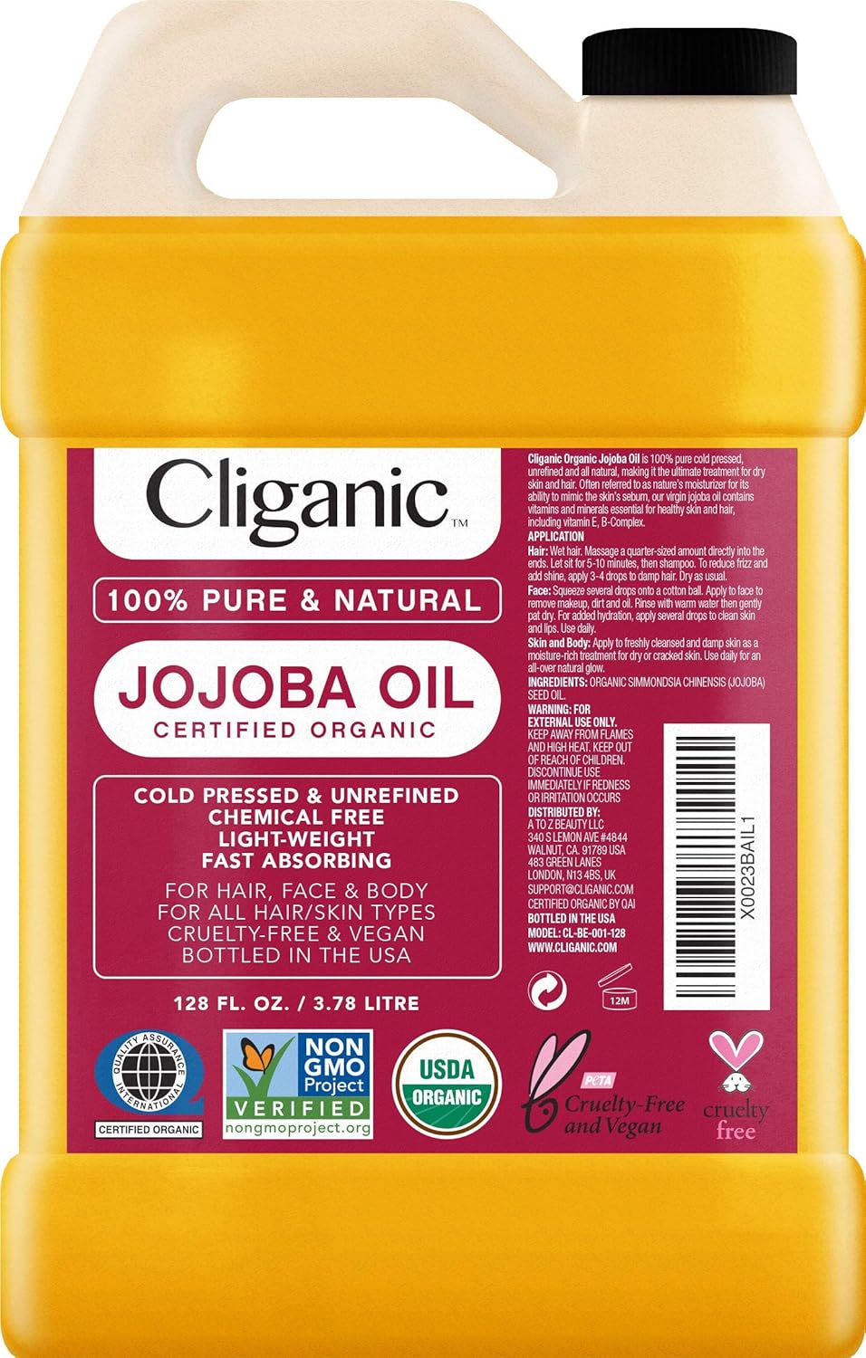 Cliganic Organic Jojoba Oil Bulk, Gallon Size 128oz, 100% Pure - Non-GMO: Beauty