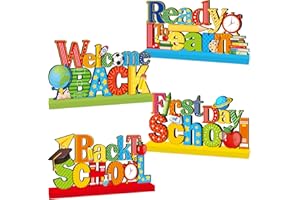 GINFTBRZGV 4Pcs Back to School Decorations, First Day of School Wooden Table Centerpiece Welcome Back to School Table Decorations Ready to Learn Table Topper Sign for School Classroom Decor