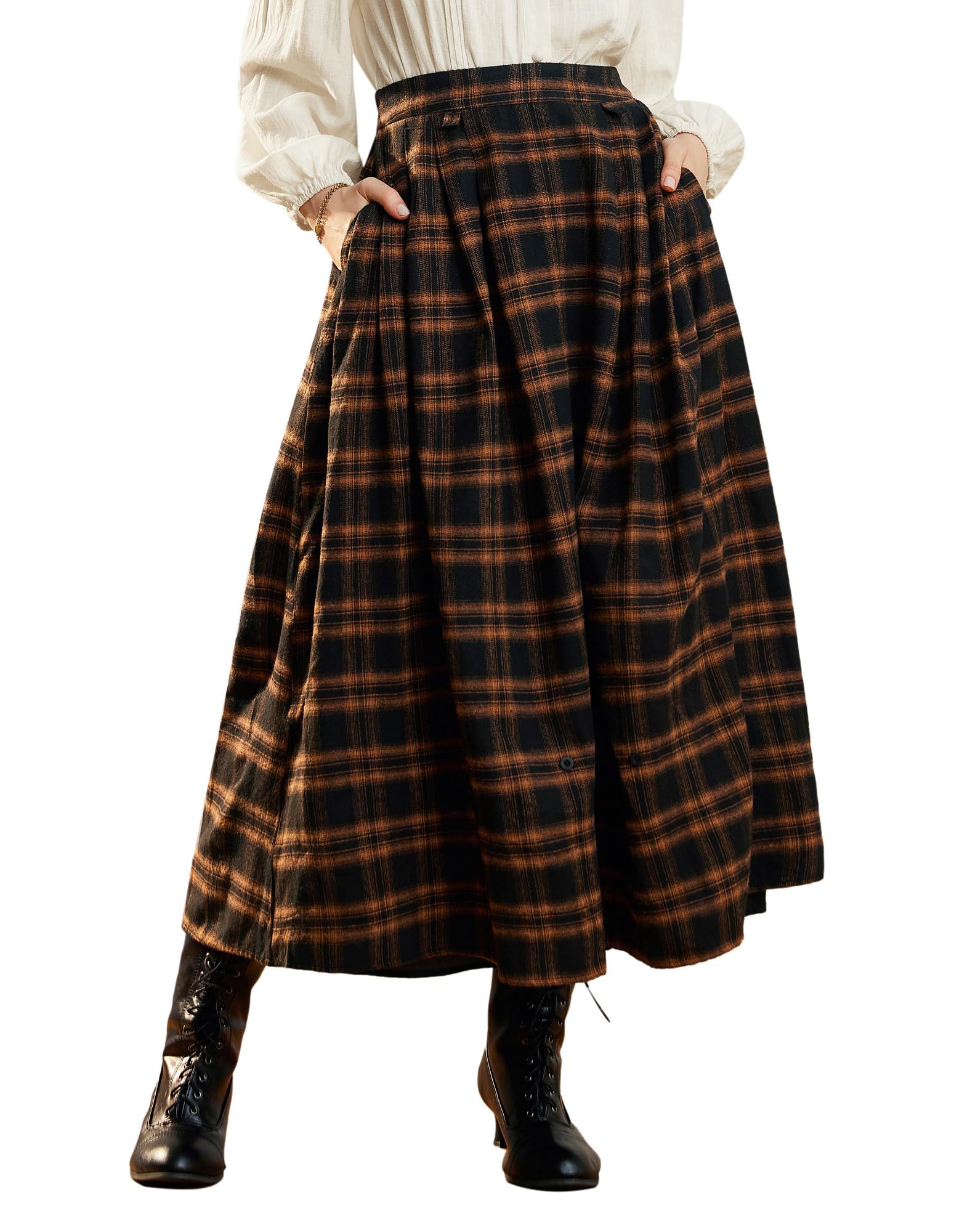 Photo 1 of Women Plaid Skirts High Waist Ruffle Skirt Long Skirts with Pockets Orange Plaid LARGE
