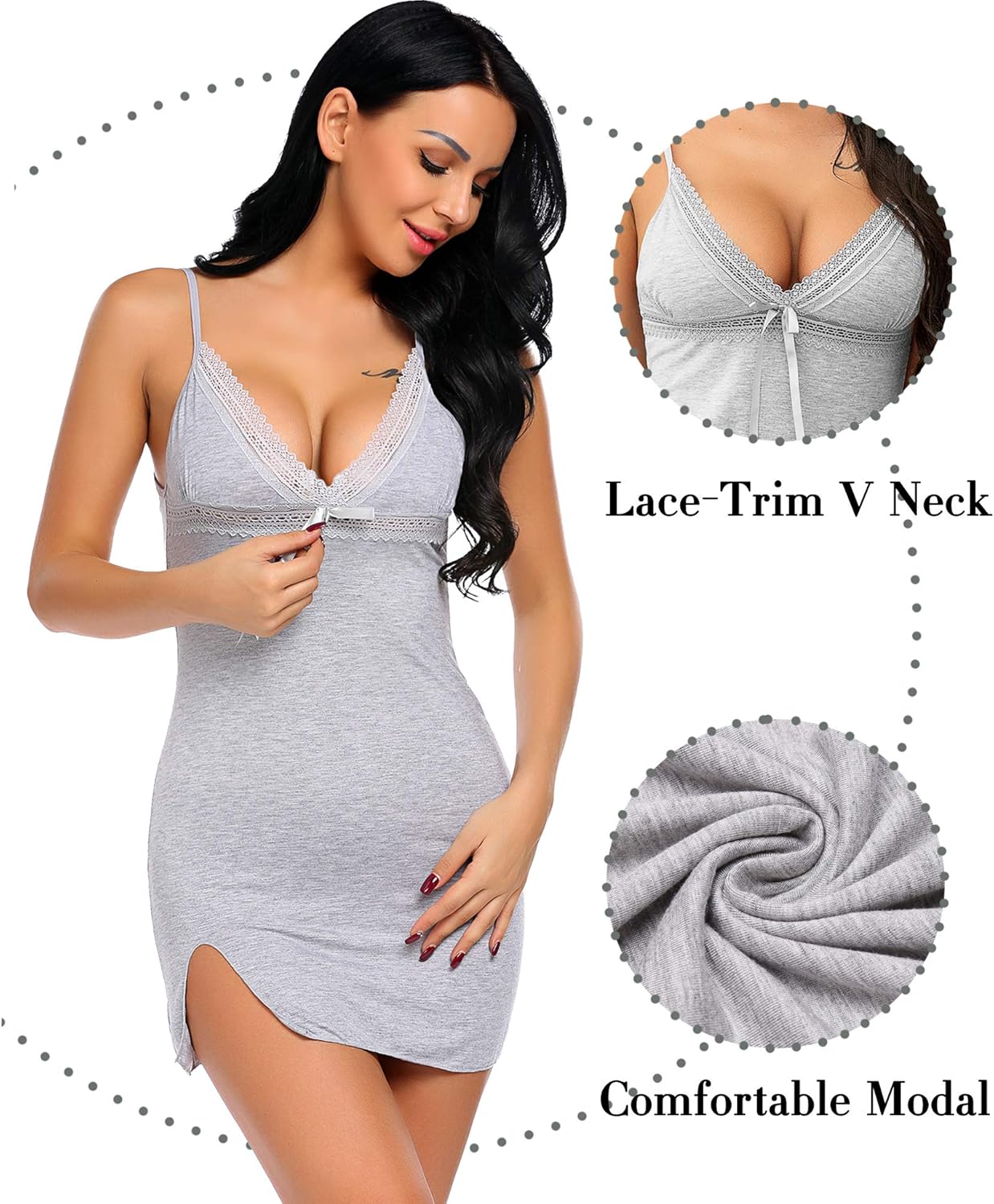ADOME Cotton Sleepwear Women V Neck Chemise Nightgown Lace Lingerie Full Slip Dress: Clothing