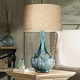 Possini Euro Design Kenya Modern Table Lamp 29 1/2" Tall Blue Green Reactive Glaze Ceramic Beige Linen Tapered Drum Shade for