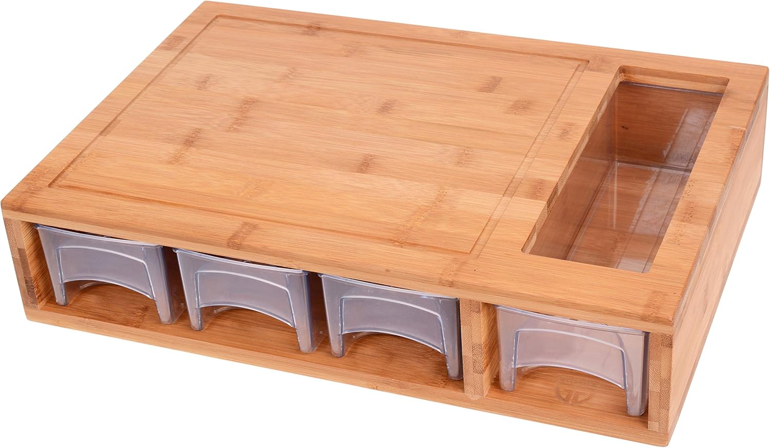 GRÄWE Bambus Schneidebrett groß, 40 x 27 cm, Holzbrett für Rechtshänder, Küchenbrett mit Auffangschalen, klingenschonend, rechteckig