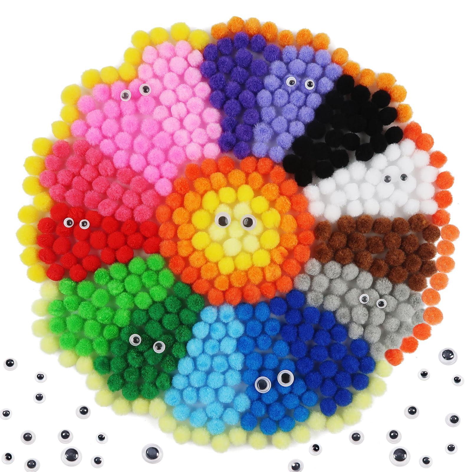 TOAOB 1900pcs Mini Pom Poms 10mm Coloured with 100pcs Googly Eyes Self Adhesive Small Pompoms Craft Mix Assorted Fluffy Multicolor Fuzzy Balls for Crafting DIY Decorations