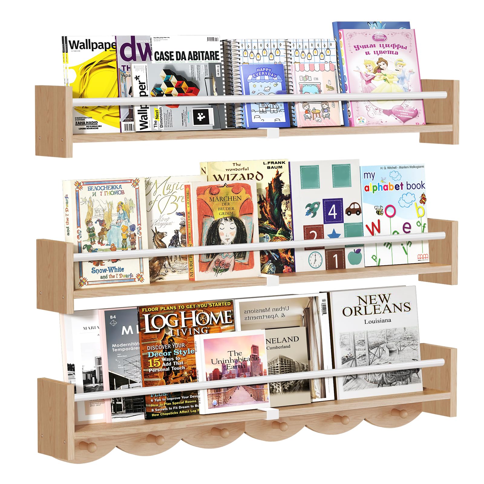 Photo 1 of 34Inch Nursery Bookshelves Wall Mounted,Wooden Floating Shelf Kids Coat Rack with 6Hooks,Hanging Shelf for Baby Nursery Room Décor, Set of 3 Burlywood